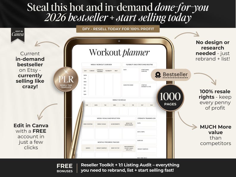 May include: A digital workout planner displayed on a gold-framed tablet. The planner includes sections for weekly workout overviews, schedules, and goals. Text on the image includes "Bestseller," "1000 pages," and "Edit in Canva."
