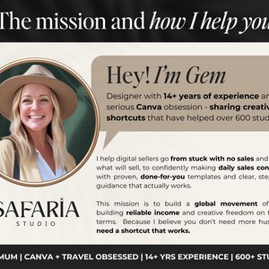 K&ouml;nnte beinhalten: Bild mit einer l&auml;chelnden Frau in Hut und Blazer, mit Textblasen. Der Text lautet "Hey! I'm Gem", eine Designerin mit &uuml;ber 14 Jahren Erfahrung, die kreative Abk&uuml;rzungen teilt. Das Safaria Studio Logo ist ebenfalls sichtbar.