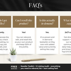 May include: An informational graphic with the title "FAQ's" and four sections with questions and answers. A small potted plant and a gold pen are at the bottom. The bottom of the graphic has text about a reseller toolkit.