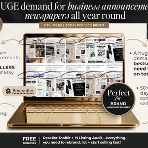 Peut inclure: Un ordinateur portable dor&eacute; affiche des mod&egrave;les de journaux avec le texte "HUGE demand for business announcement newspapers all year round". L'image met en avant le produit comme un best-seller pour les vendeurs Etsy.