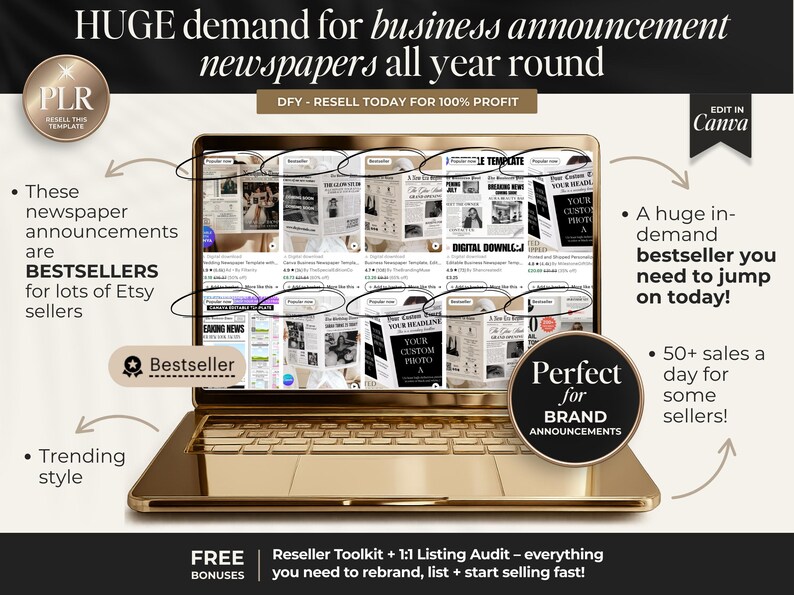 Peut inclure: Un ordinateur portable dor&eacute; affiche des mod&egrave;les de journaux avec le texte "HUGE demand for business announcement newspapers all year round". L'image met en avant le produit comme un best-seller pour les vendeurs Etsy.