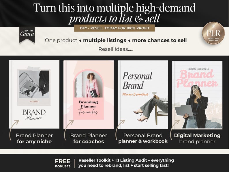 May include: Image promoting digital products for resale, including Brand Planners and workbooks. The image features four mockups of planners with titles like "Brand Planner for any niche" and "Digital Marketing brand planner". The text encourages reselling for profit.