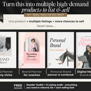 May include: A digital marketing graphic featuring four planner covers with text including Brand Planner, Personal Brand Planner & Workbook, and Digital Marketing Brand Planner. The layout includes Canva editing icons, PLR labels, and text about reselling.