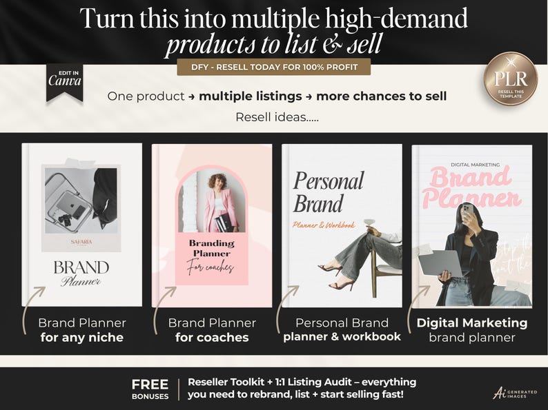 May include: A digital marketing graphic featuring four planner covers with text including Brand Planner, Personal Brand Planner & Workbook, and Digital Marketing Brand Planner. The layout includes Canva editing icons, PLR labels, and text about reselling.
