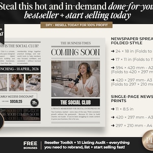 Peut inclure: Graphique promotionnel avec le texte "Steal this hot and in-demand done-for-you bestseller + start selling today." Comprend des journaux d&eacute;pli&eacute;s et des impressions sur une seule page. Avec une femme et le texte "COMING SOON."