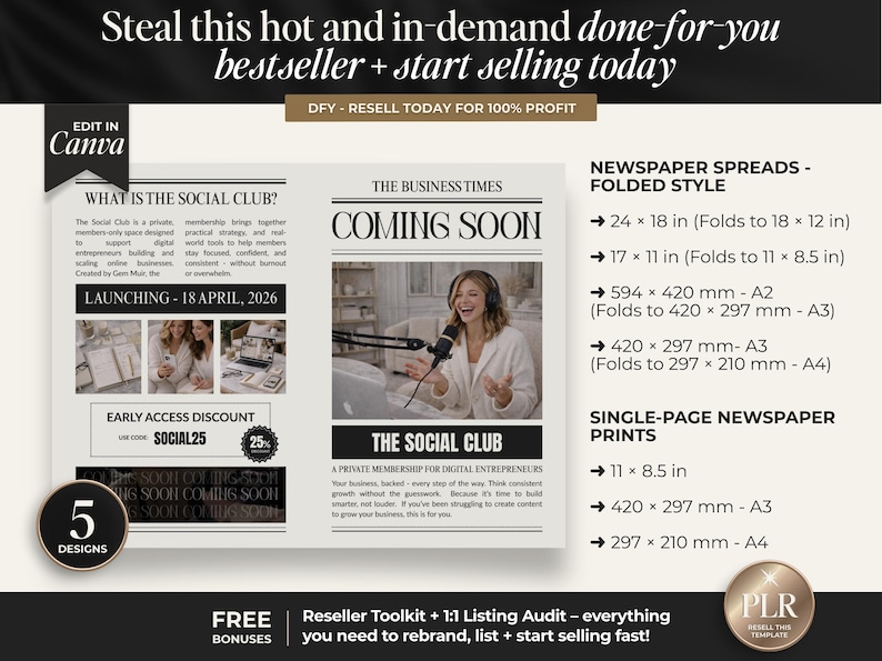 Peut inclure: Graphique promotionnel avec le texte "Steal this hot and in-demand done-for-you bestseller + start selling today." Comprend des journaux d&eacute;pli&eacute;s et des impressions sur une seule page. Avec une femme et le texte "COMING SOON."