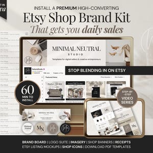 Könnte beinhalten: Werbung für ein Etsy Shop Brand Kit. Das Bild zeigt ein Tablet, das einen Etsy-Shop anzeigt, mit dem Text "Minimal Neutral Studio". Zusätzlicher Text lautet "Stop Blending in on Etsy" und "60 Min to Install."