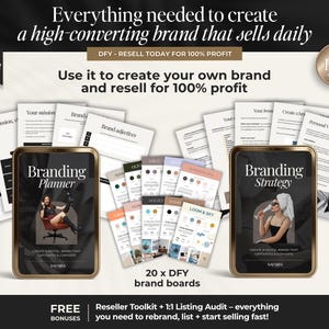 May include: A digital branding kit featuring a 70-page branding planner, a 77-page strategy guide, and 20 brand boards. The text includes Everything needed to create a high-converting brand that sells daily, Branding Planner, Branding Strategy, and Reseller Toolkit.