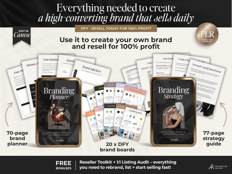May include: A digital branding kit featuring a 70-page branding planner, a 77-page strategy guide, and 20 brand boards. The text includes Everything needed to create a high-converting brand that sells daily, Branding Planner, Branding Strategy, and Reseller Toolkit.
