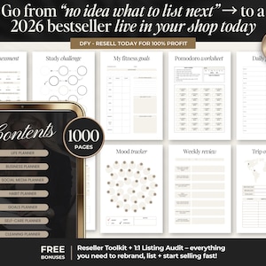 May include: Digital planner template with various pages, including life, business, and social media planners. The image features a tablet displaying the contents, with a total of 1000 pages. The text reads "Go from 'no idea what to list next' to a 2026 bestseller."