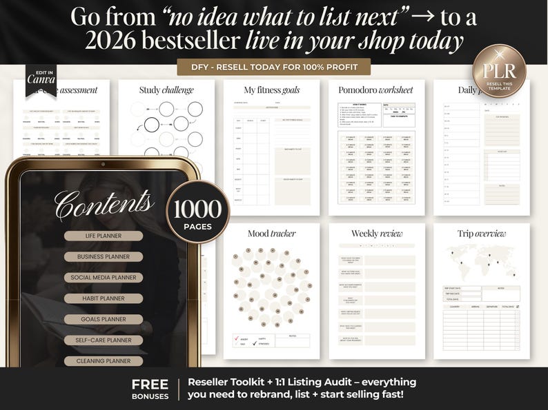 May include: Digital planner template with various pages, including life, business, and social media planners. The image features a tablet displaying the contents, with a total of 1000 pages. The text reads "Go from 'no idea what to list next' to a 2026 bestseller."