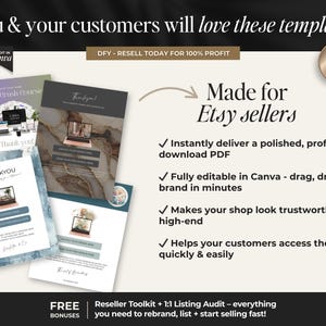 K&ouml;nnte beinhalten: Werbebild mit dem Text "You & your customers will love these templates". Es zeigt mehrere Mock-up-PDF-Vorlagen f&uuml;r Etsy-Verk&auml;ufer mit dem Text "Made for Etsy sellers".