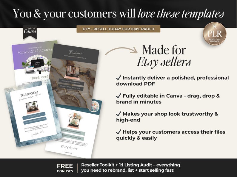 K&ouml;nnte beinhalten: Werbebild mit dem Text "You & your customers will love these templates". Es zeigt mehrere Mock-up-PDF-Vorlagen f&uuml;r Etsy-Verk&auml;ufer mit dem Text "Made for Etsy sellers".