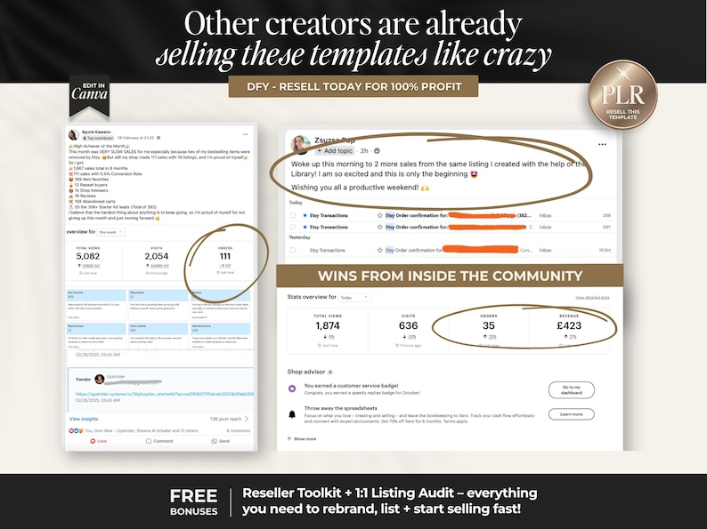 May include: Image of a digital marketing template with the text "Other creators are already selling these templates like crazy." The image includes screenshots of sales data and the text "DFY - RESELL TODAY FOR 100% PROFIT."