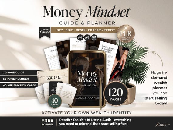 Money Mindset Guide & Planner With PLR, DFY Money Mindset Digital Marketing Guide With Resell Rights, PLR Digital Product To Sell on Etsy