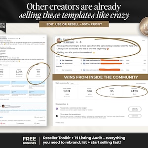 Może przedstawiać: Obraz promujący szablony dla sprzedawc&oacute;w Etsy z tekstem "Other creators are already selling these templates like crazy." Obraz zawiera zrzuty ekranu danych sprzedażowych i tekst "EDIT, USE OR RESELL - 100% PROFIT."