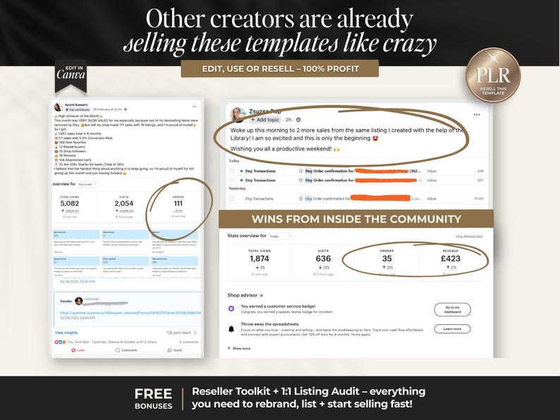 Może przedstawiać: Obraz promujący szablony dla sprzedawc&oacute;w Etsy z tekstem "Other creators are already selling these templates like crazy." Obraz zawiera zrzuty ekranu danych sprzedażowych i tekst "EDIT, USE OR RESELL - 100% PROFIT."