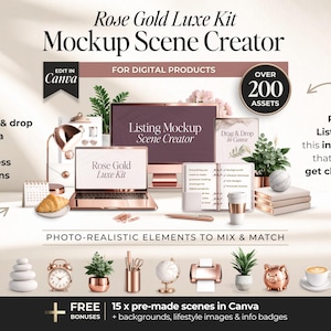 May include: A rose gold mockup scene creator kit featuring a laptop, desktop monitor, and decorative items. The image includes text that says "Rose Gold Luxe Kit" and "Edit in Canva". Over 200 assets are available for digital products.