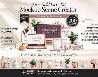 Rose Gold Mockup Scene Creator for Digital Products, Canva Scene Creator Kit with Rose Gold Device Mockups & Desk Elements for Etsy Listings