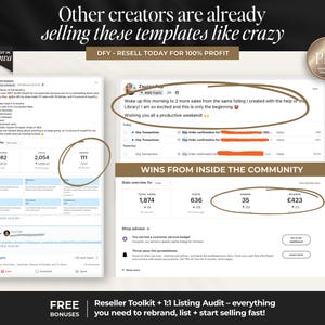 May include: A digital marketing template graphic featuring screenshots of Etsy shop statistics, order notifications, and community testimonials. The text includes "Other creators are already selling these templates like crazy," "DFY - RESELL TODAY FOR 100% PROFIT," and "WINS FROM INSIDE THE COMMUNITY."
