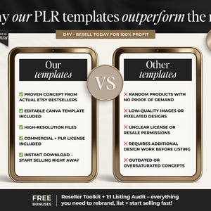 May include: A digital marketing graphic comparing "Our templates" with "Other templates." The "Our templates" side lists benefits like proven concepts, editable Canva templates, and high-resolution files. The "Other templates" side lists drawbacks.