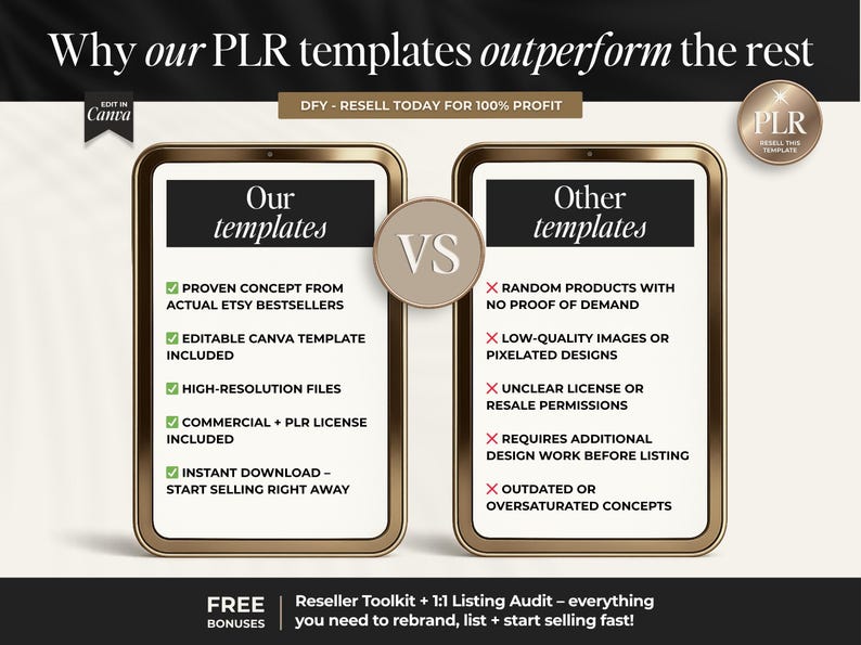 May include: A digital marketing graphic comparing "Our templates" with "Other templates." The "Our templates" side lists benefits like proven concepts, editable Canva templates, and high-resolution files. The "Other templates" side lists drawbacks.