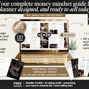 K&ouml;nnte beinhalten: Ein digitales Money-Mindset-Handbuch und Planersystem auf einem Laptop-Bildschirm, bestehend aus einem 70-seitigen Leitfaden, einem 50-seitigen Planer und 40 Affirmationskarten, inklusive Angaben f&uuml;r die Formate A4, A5 und US Letter.