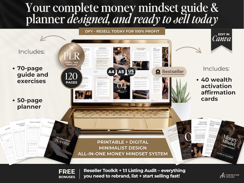 K&ouml;nnte beinhalten: Ein digitales Money-Mindset-Handbuch und Planersystem auf einem Laptop-Bildschirm, bestehend aus einem 70-seitigen Leitfaden, einem 50-seitigen Planer und 40 Affirmationskarten, inklusive Angaben f&uuml;r die Formate A4, A5 und US Letter.