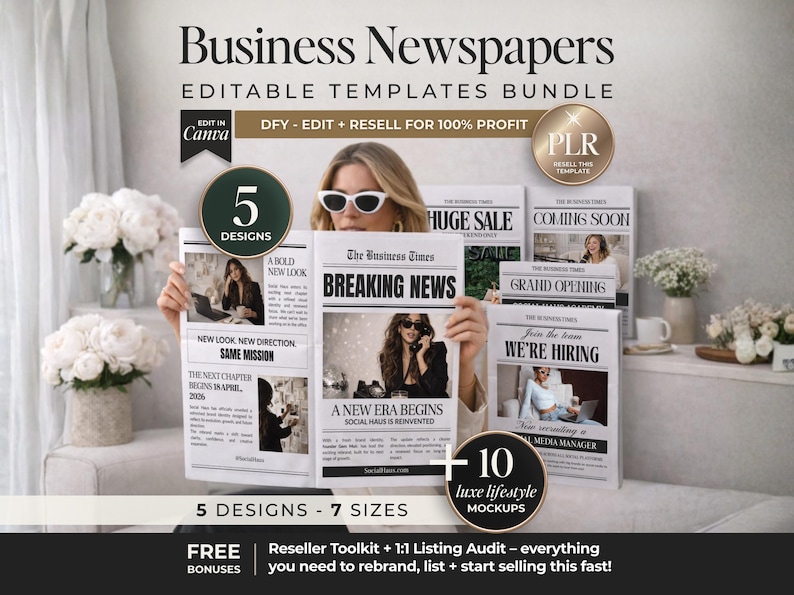 Peut inclure: Un ensemble de mod&egrave;les de journaux d'affaires modifiables. L'image montre une femme tenant des journaux avec des titres tels que &laquo; Breaking News &raquo; et &laquo; Huge Sale &raquo;. La conception comprend 5 mod&egrave;les et 7 tailles, avec une option de mod&egrave;le de revente &laquo; PLR &raquo;.