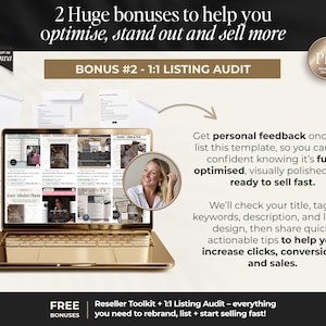 K&ouml;nnte beinhalten: Ein goldener Laptop mit einem Etsy-Verkaufs-Dashboard, einem kreisf&ouml;rmigen Portr&auml;t, einem schwarzen Mikrofon, schwebenden wei&szlig;en Dokumentensymbolen und dem Text 2 Huge bonuses to help you optimise, stand out and sell more.