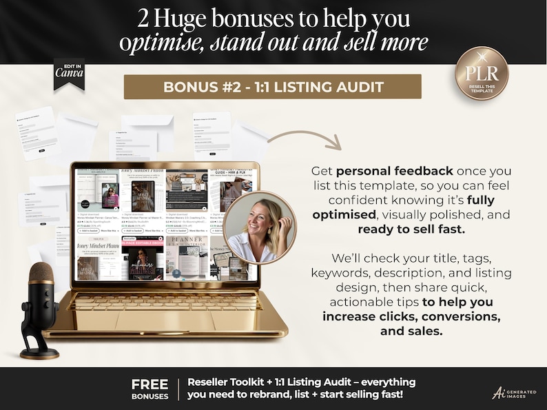 K&ouml;nnte beinhalten: Ein goldener Laptop mit einem Etsy-Verkaufs-Dashboard, einem kreisf&ouml;rmigen Portr&auml;t, einem schwarzen Mikrofon, schwebenden wei&szlig;en Dokumentensymbolen und dem Text 2 Huge bonuses to help you optimise, stand out and sell more.