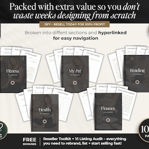 May include: A collection of dark gray planners labeled "Fitness," "My Pet," "Reading," "Health," and "Finance." Each planner has a matching set of white pages. The image includes text that says "Packed with extra value," "DFY - RESELL TODAY," and "1000 PAGES."