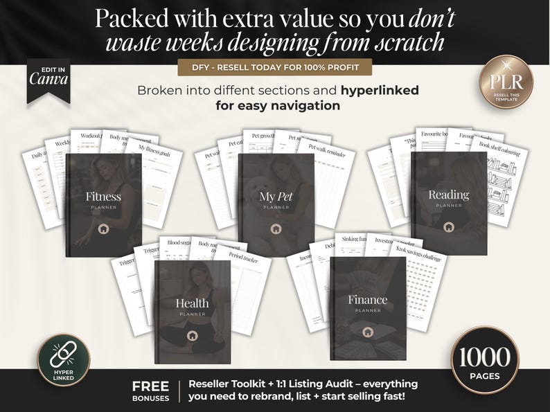 May include: A collection of dark gray planners labeled "Fitness," "My Pet," "Reading," "Health," and "Finance." Each planner has a matching set of white pages. The image includes text that says "Packed with extra value," "DFY - RESELL TODAY," and "1000 PAGES."