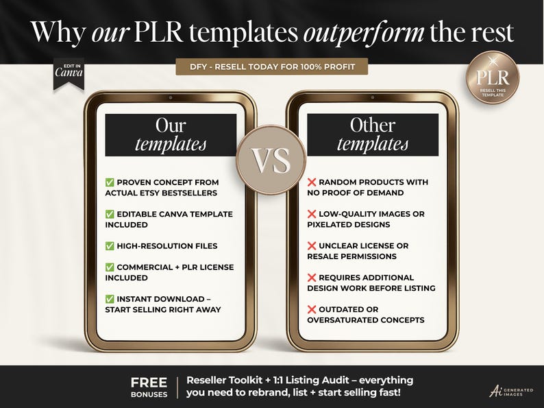 May include: A comparison graphic titled Why our PLR templates outperform the rest. Two gold-framed rectangles display lists: Our templates with five green checkmarks and Other templates with five red X marks. Includes text about Canva, PLR, and bonuses.