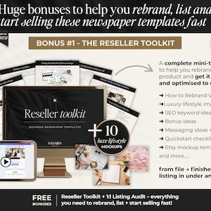 Peut inclure: Image promotionnelle d'une bo&icirc;te &agrave; outils pour revendeurs de mod&egrave;les de journaux. L'image comprend un &eacute;cran d'ordinateur et une tablette affichant la bo&icirc;te &agrave; outils, ainsi que 10 maquettes de style de vie. Le texte met en &eacute;vidence les bonus et les fonctionnalit&eacute;s.