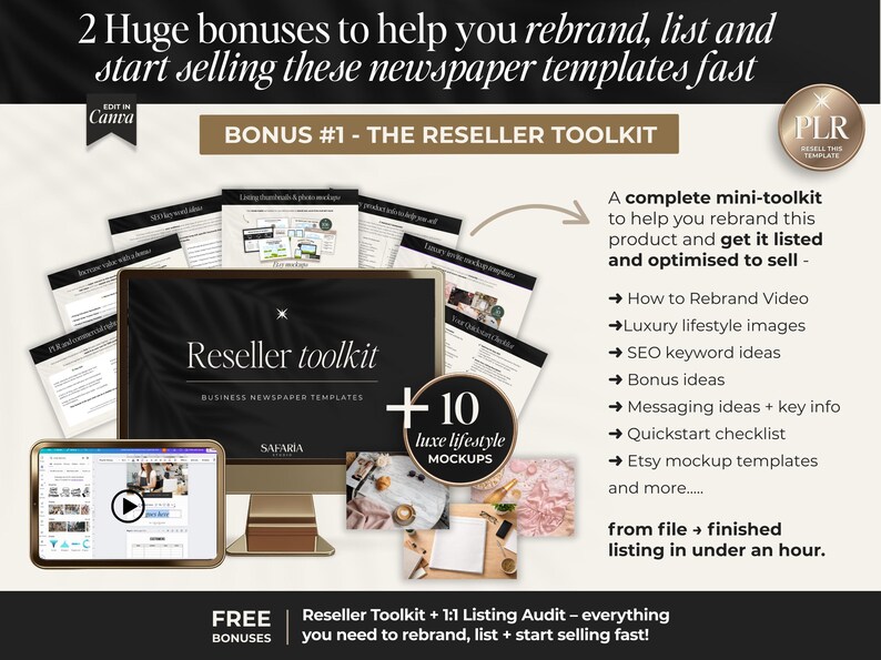 Peut inclure: Image promotionnelle d'une bo&icirc;te &agrave; outils pour revendeurs de mod&egrave;les de journaux. L'image comprend un &eacute;cran d'ordinateur et une tablette affichant la bo&icirc;te &agrave; outils, ainsi que 10 maquettes de style de vie. Le texte met en &eacute;vidence les bonus et les fonctionnalit&eacute;s.