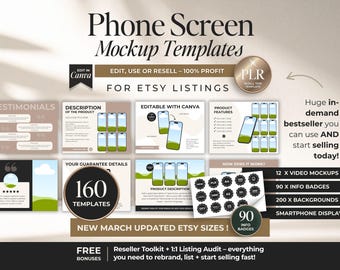 Phone Screen Mockup Templates For Digital Product Etsy Listings With PLR, DFY Customizable Canva Smartphone Display Mockups & Resell Rights