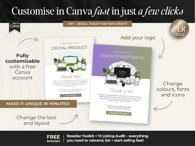 K&ouml;nnte beinhalten: Digitale Produktvorlagen mit dem Text "Digital Product" und "Canva Crash Course". Das Bild zeigt einen Computer, einen Laptop und mobile Ger&auml;te. Der Text enth&auml;lt "Customise in Canva fast in just a few clicks".