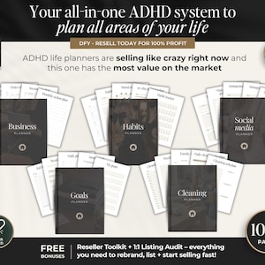 May include: An ADHD life planner system with multiple planners for business, habits, goals, cleaning, and social media. The planners are black with white text and include pages for planning. The image also includes the text "Your all-in-one ADHD system to plan all areas of your life."