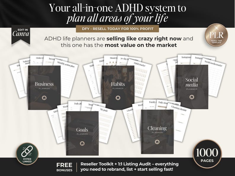 May include: An ADHD life planner system with multiple planners for business, habits, goals, cleaning, and social media. The planners are black with white text and include pages for planning. The image also includes the text "Your all-in-one ADHD system to plan all areas of your life."