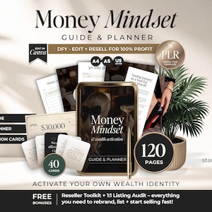 May include: An advertisement for a "Money Mindset Guide & Planner." The image shows a tablet with the title, accompanied by documents, affirmation cards, and a plant. Text includes "DFY - EDIT + RESELL FOR 100% PROFIT" and "120 PAGES." The design is aimed at wealth activation.
