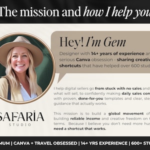 May include: Image featuring a woman in a tan hat and blazer, with text that reads "Hey! I'm Gem" and "SAFARIA STUDIO." The text describes her experience and mission to help digital sellers. The image includes the text "sharing creative shortcuts that have helped over 600 students."