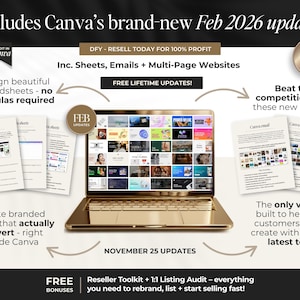 May include: A gold laptop displays a variety of images, with text that reads "Includes Canva's brand-new Feb 2026 updates." The image also includes text that says "Design beautiful spreadsheets - no formulas required."