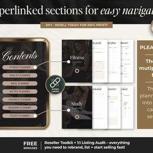 May include: Digital planner template with hyperlinked sections for easy navigation. Includes fitness, health, meal, pet, finance, reading, and study planners. Features a gold-framed phone graphic and the text "Contents".