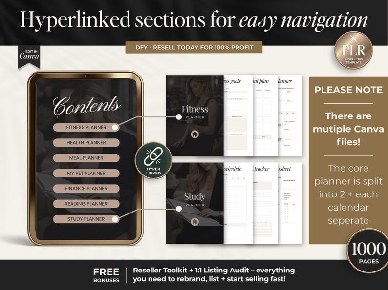 May include: Digital planner template with hyperlinked sections for easy navigation. Includes fitness, health, meal, pet, finance, reading, and study planners. Features a gold-framed phone graphic and the text "Contents".