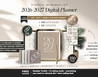 Agenda numérique simple 2026/2027 avec lien hypertexte DPP, agenda numérique minimaliste + droits de revente, agendas DFY 2027 à vendre sur Etsy