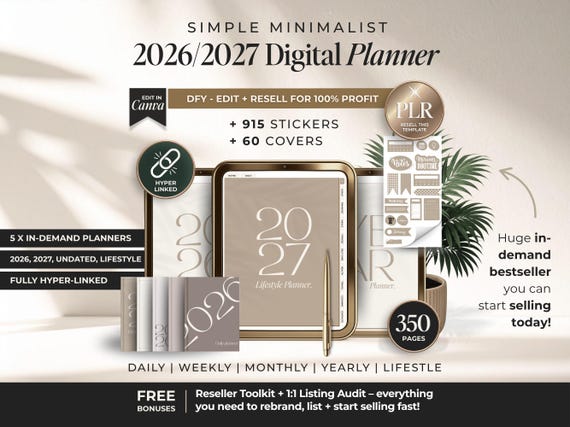 2026/2027 Simple Digital Planner With PLR Hyperlinked, Minimalist Digital Planner Bundle + Resell Rights, DFY 2027 Planners to Sell on Etsy