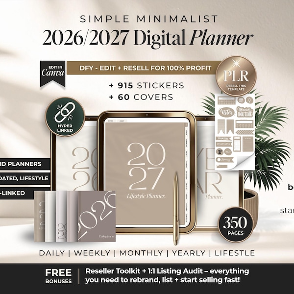 2026/2027 Simple Digital Planner With PLR Hyperlinked, Minimalist Digital Planner Bundle + Resell Rights, DFY 2027 Planners to Sell on Etsy