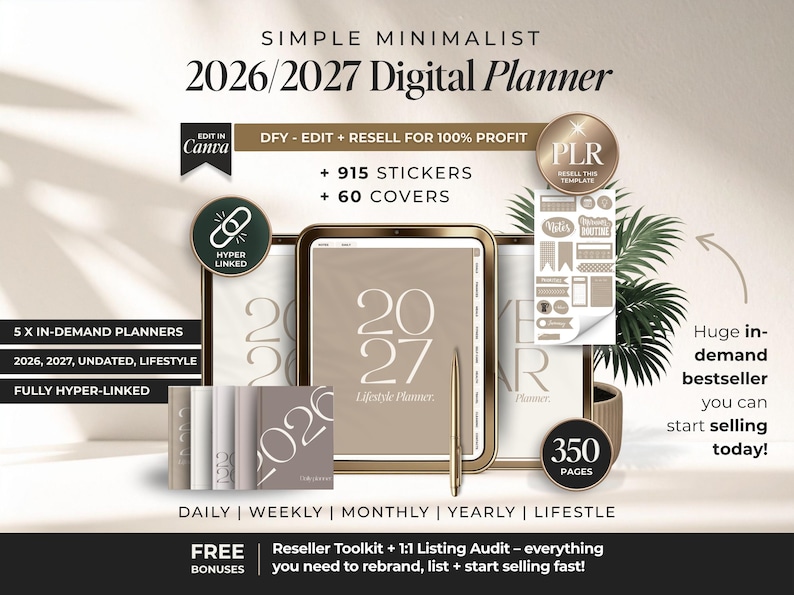 2027 simple digital planner hyperlinked with plr