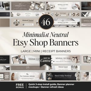 May include: A collection of 46 digital Etsy shop banners in neutral tones, featuring various layouts, text overlays, and graphic elements. The set includes large, mini, and receipt banners with editable designs, displayed in a grid format with the text Edit in Canva.